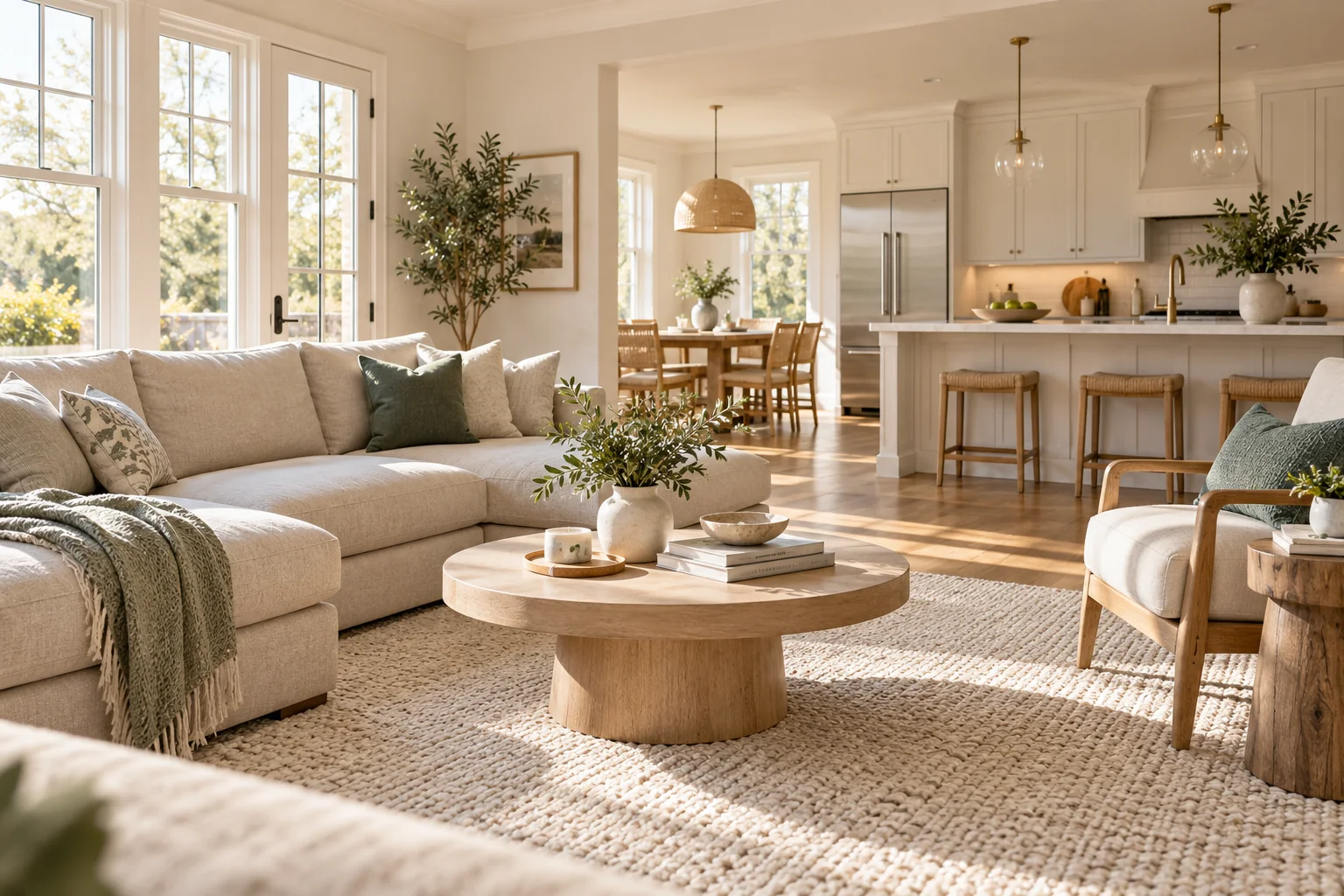 A bright living room and kitchen with natural wood and soft neutral furnishings