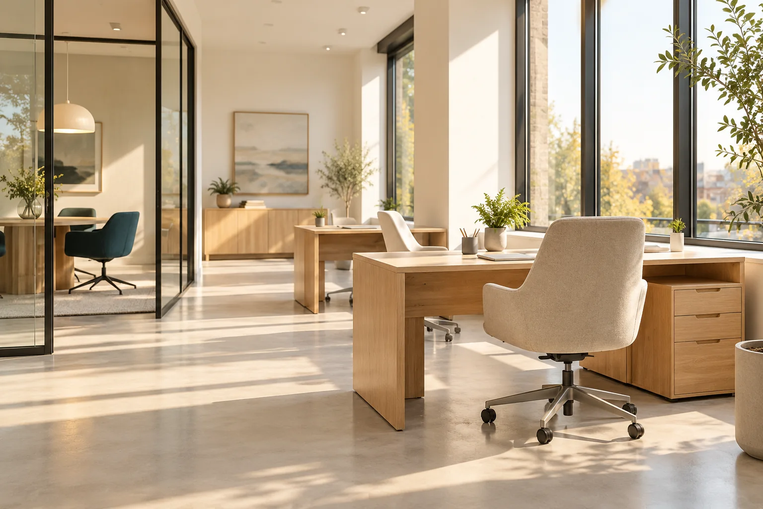 A bright, organized modern office interior